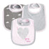 Set of three cotton baby bibs in pastel pink, grey, and printed cloud designs, soft fit.