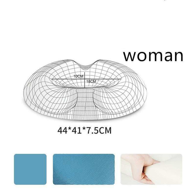Ergonomic blue memory foam seat cushion for women, breathable mesh cover, 44x41x7.5cm