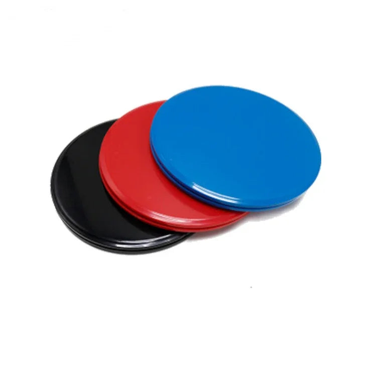 Round plastic discs in blue, red, and black, glossy finish, stacked on white background