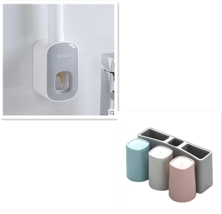 Modern bathroom set with wall-mounted soap dispenser and pastel toothbrush holders