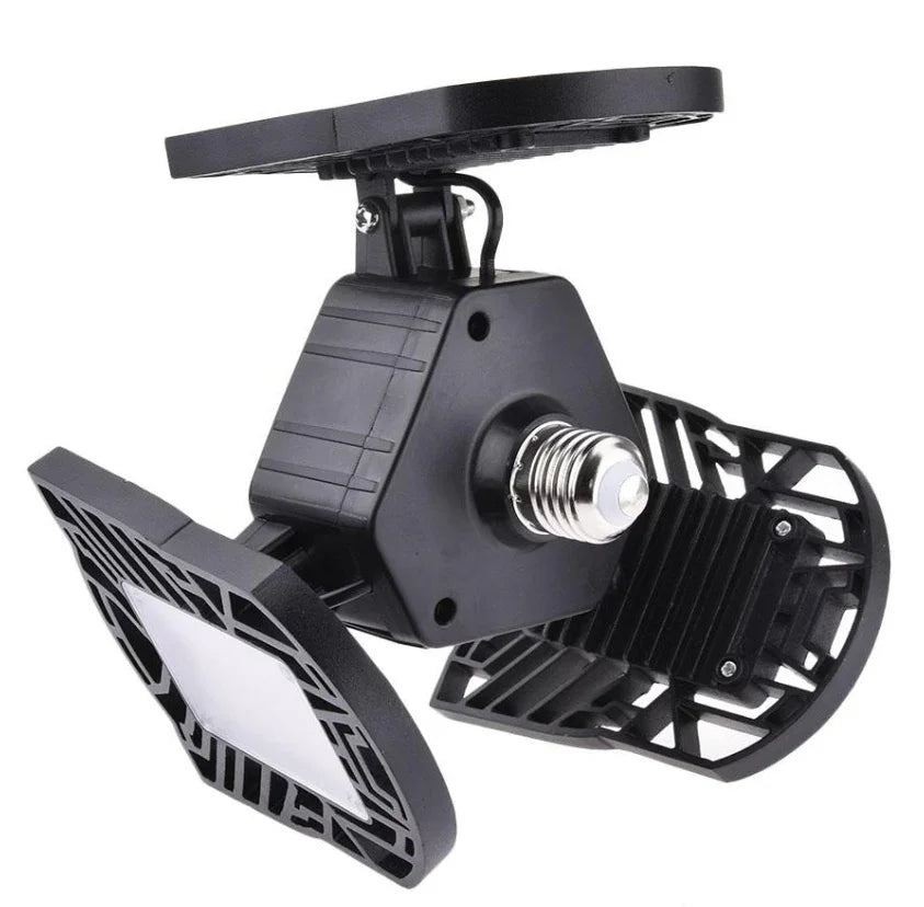 Black adjustable LED garage light with three foldable panels and E26 base