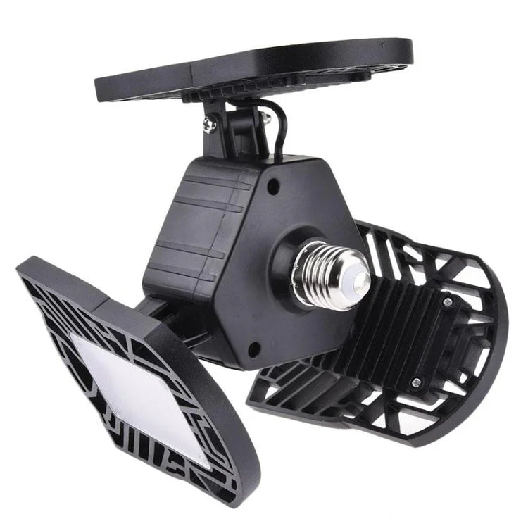 Black adjustable LED garage light with three foldable panels and E26 base