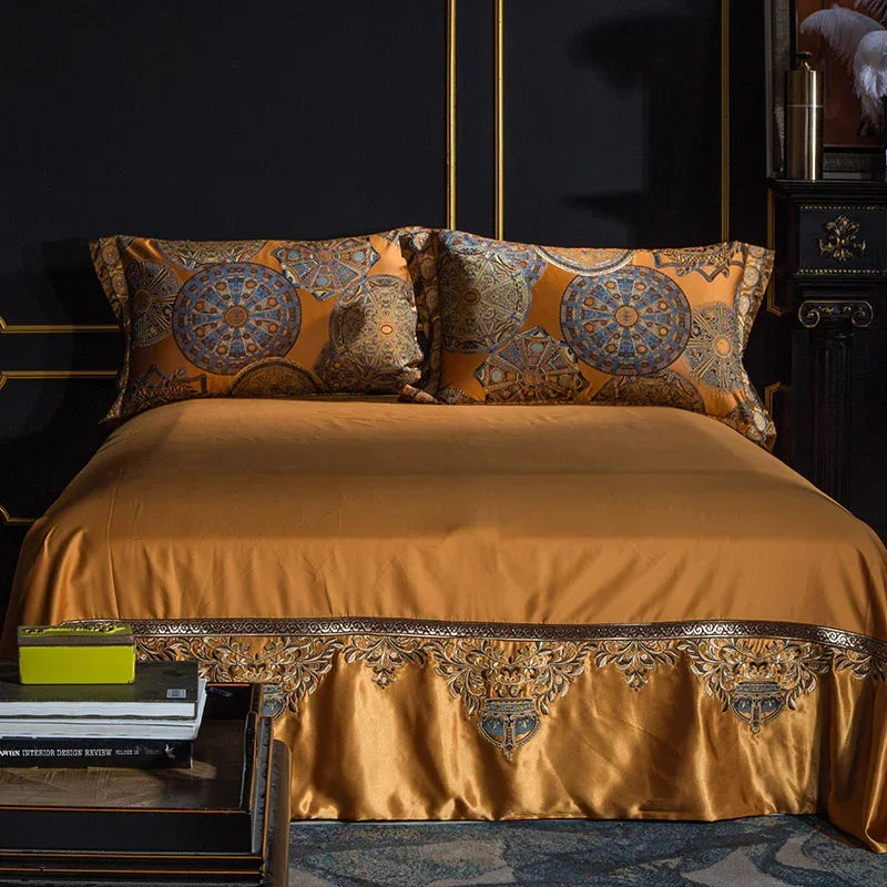 Gold satin bedding set with ornate blue and gold mandala designs, smooth and luxurious fit.