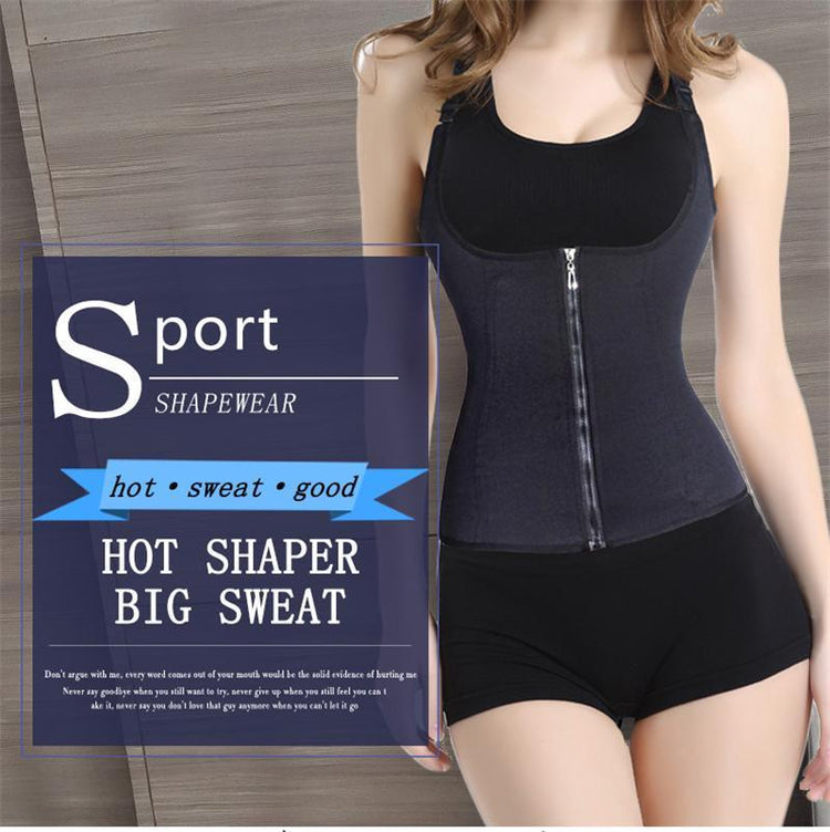 Black zip-up shapewear tank top in fitted, sporty style, paired with black shorts.