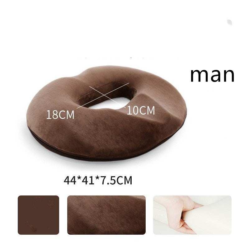 Brown donut-shaped memory foam cushion, soft material, ergonomic design, round fit