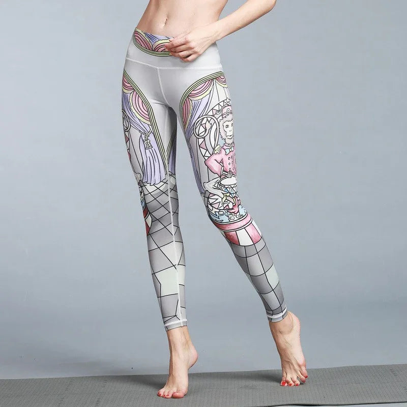 Women’s high-waisted pastel leggings with stained glass art print, slim fit, stretchy material