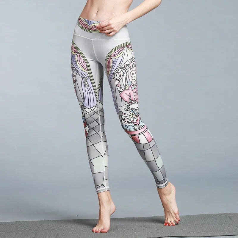 Women’s high-waisted pastel leggings with stained glass art print, slim fit, stretchy material
