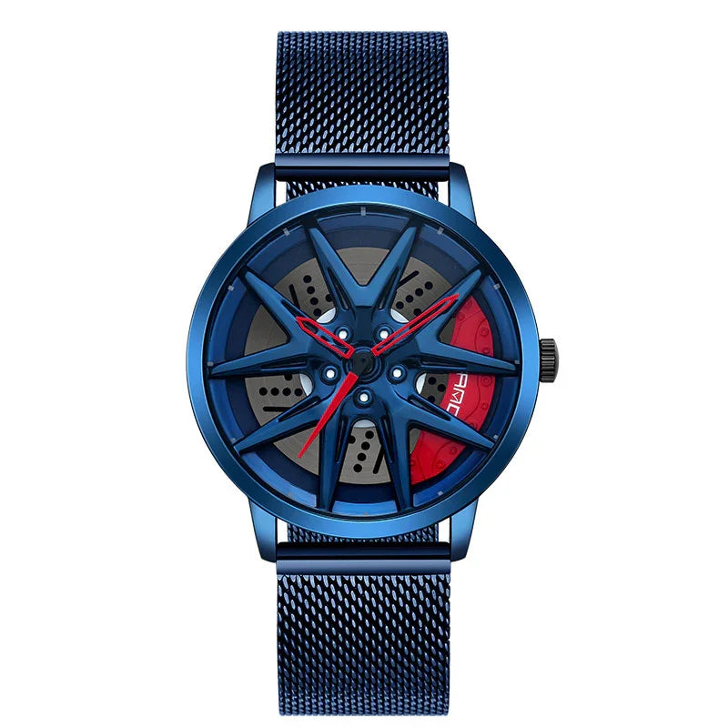 Futuristic blue mesh band watch with openwork dial and red details, bold streetwear style.