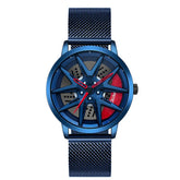 Futuristic blue mesh band watch with openwork dial and red details, bold streetwear style.