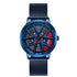 Futuristic blue mesh band watch with openwork dial and red details, bold streetwear style.