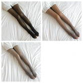 Three pairs of sheer tights in black, brown, and grey, worn with a loose white shirt