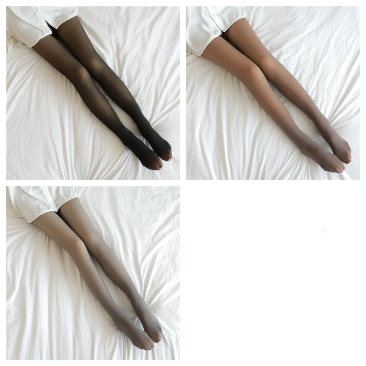 Three pairs of sheer tights in black, brown, and grey, worn with a loose white shirt