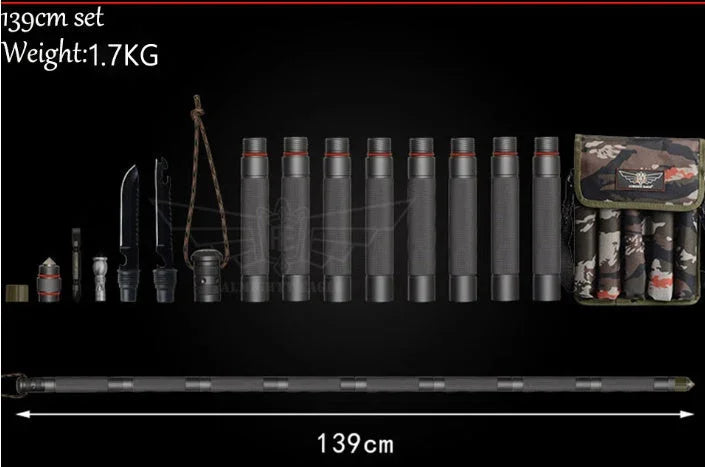 139cm tactical modular tool set with black components, camouflage pouch, and utility accessories