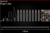 139cm tactical modular tool set with black components, camouflage pouch, and utility accessories