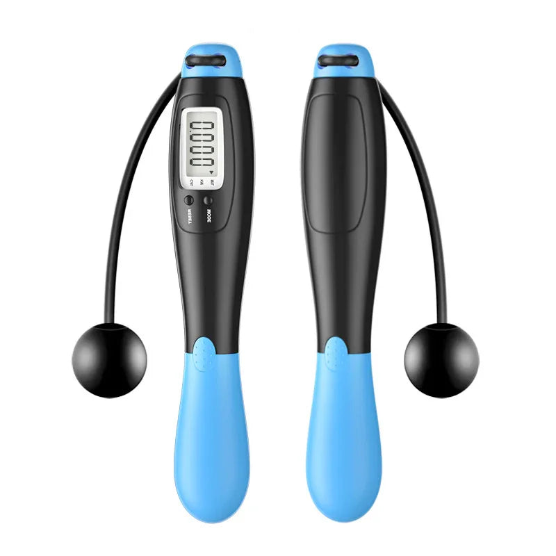 Black and blue cordless digital jump rope with ergonomic handles and LCD display