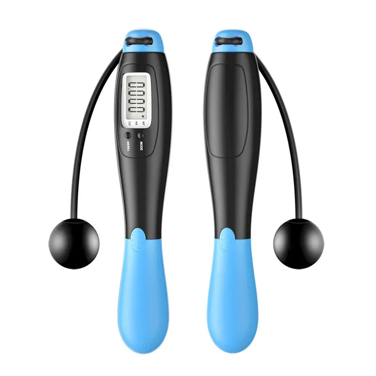 Black and blue cordless digital jump rope with ergonomic handles and LCD display