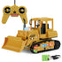 Yellow remote control bulldozer toy with LED lights, black tracks, and included controller
