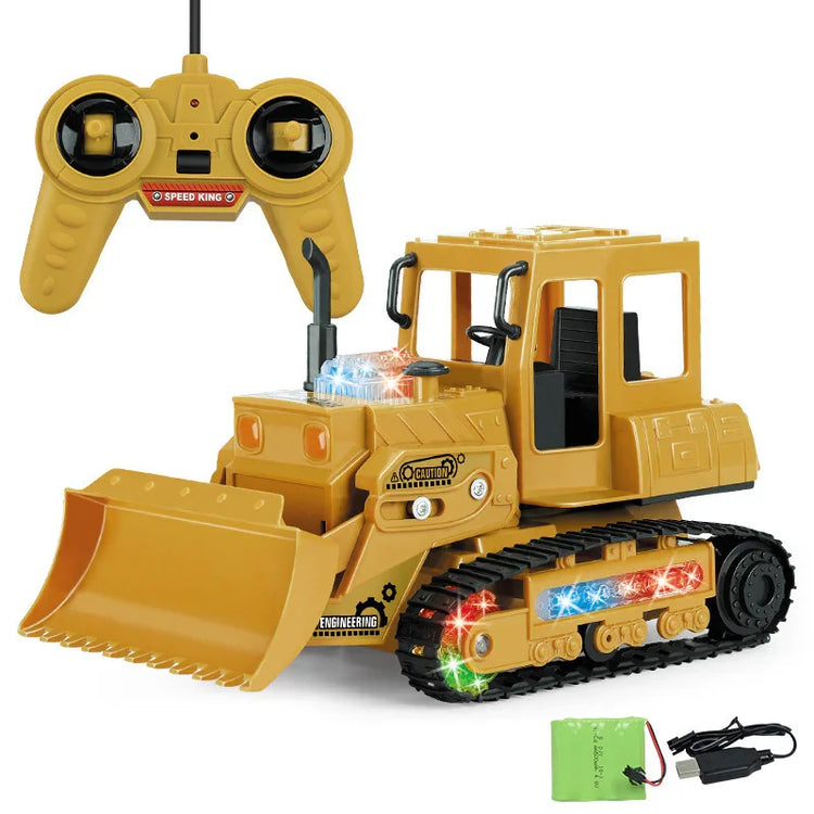 Yellow remote control bulldozer toy with LED lights, black tracks, and included controller