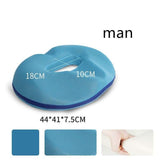 Blue ergonomic mesh seat cushion with central cutout, soft material, round shape, measurements displayed