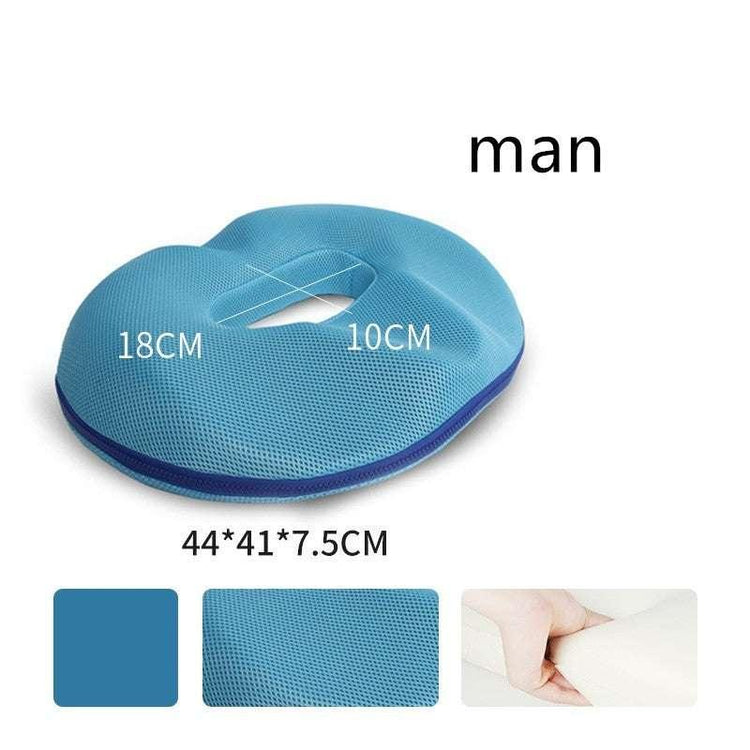 Blue ergonomic mesh seat cushion with central cutout, soft material, round shape, measurements displayed