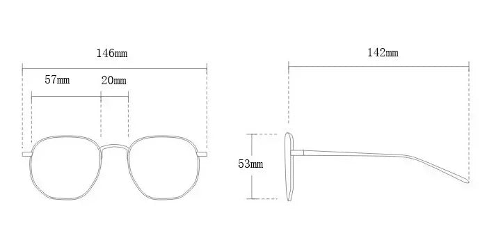 Technical drawing of rectangular eyeglasses showing frame, lens, and arm dimensions in millimeters.