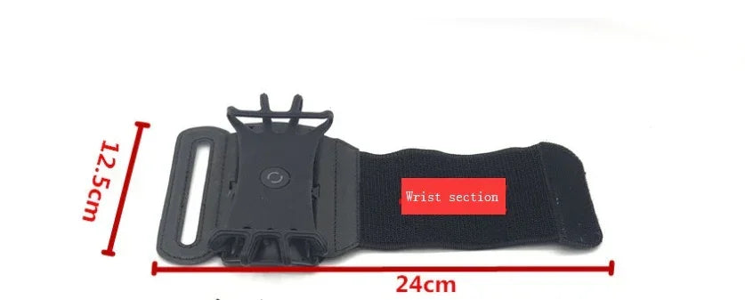 Black adjustable wristband phone holder with Velcro strap, breathable material, 24cm by 12.5cm