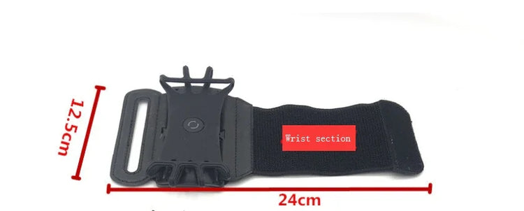 Black adjustable wristband phone holder with Velcro strap, breathable material, 24cm by 12.5cm