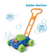 Colorful toy bubble mower with orange handle, blue body, green wheels, and bubble blower.