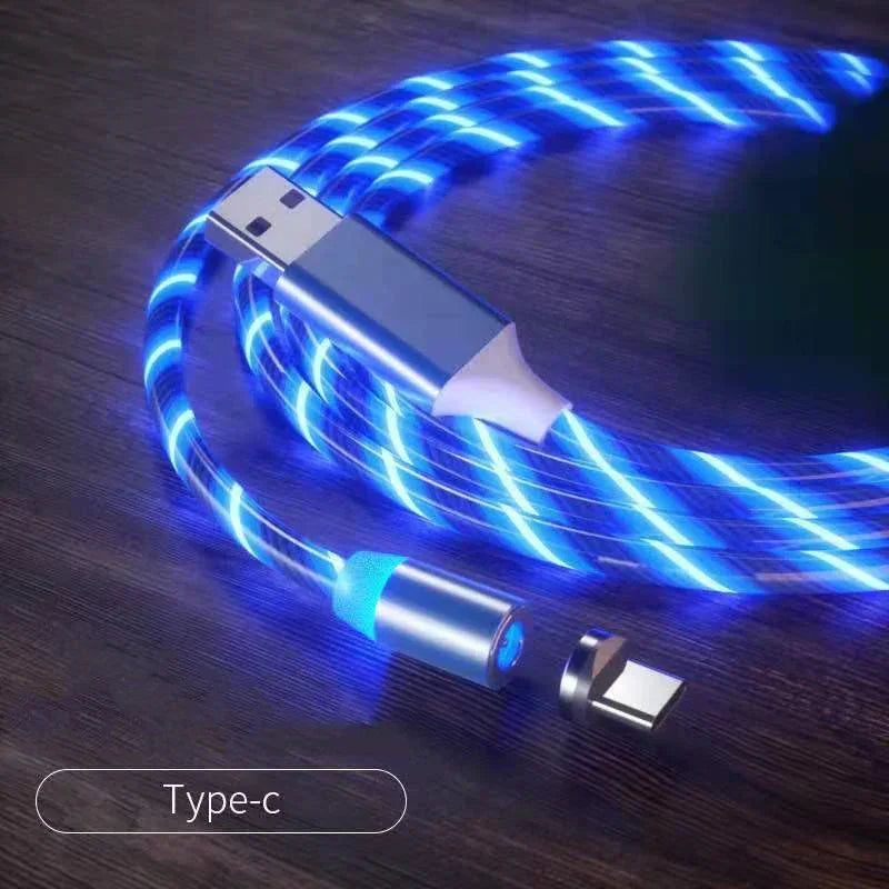 Glowing blue LED Type-C USB cable with metallic connectors on a wooden surface