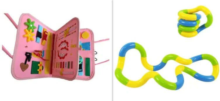 Colorful interactive busy book with puzzles and fidget toy, educational activity set