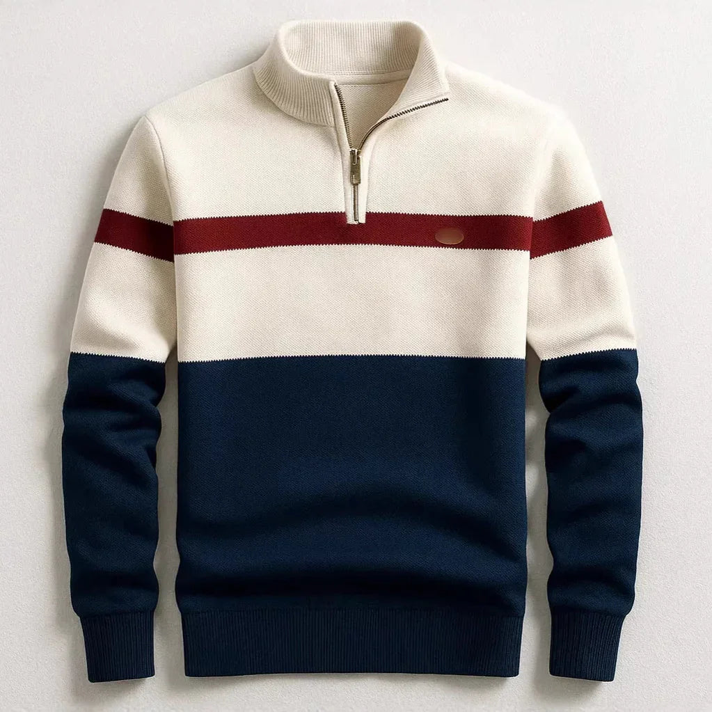 Colorblock pullover sweater with navy, cream, and red stripes, half zip, ribbed cuffs, relaxed fit