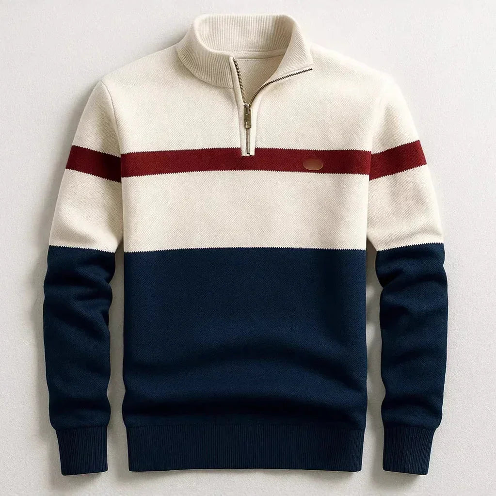 Colorblock pullover sweater with navy, cream, and red stripes, half zip, ribbed cuffs, relaxed fit