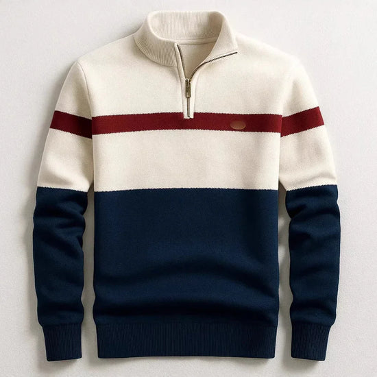 Colorblock pullover sweater with navy, cream, and red stripes, half zip, ribbed cuffs, relaxed fit