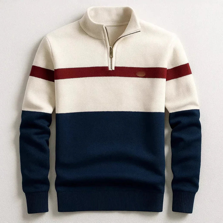 Colorblock pullover sweater with navy, cream, and red stripes, half zip, ribbed cuffs, relaxed fit