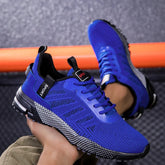 Blue mesh athletic sneakers with black and white sole, sporty design, lace-up fit