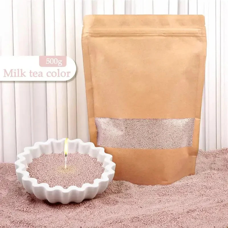 Milk tea color scented candle sand in kraft resealable bag and white dish, powder texture.