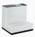 Modern white and black plastic desk organizer with multiple compartments and minimalist design