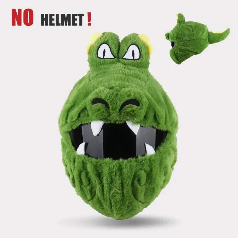 Green plush crocodile helmet cover with cartoon eyes and teeth, novelty streetwear accessory