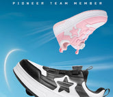 Futuristic low-top sneakers in black and white, and pink and white, with star detail and chunky soles