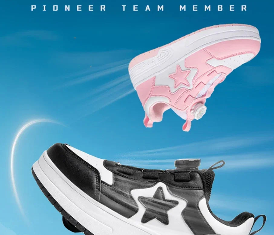 Futuristic low-top sneakers in black and white, and pink and white, with star detail and chunky soles