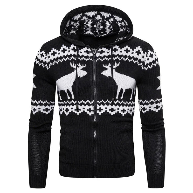 Black and white knit hoodie with reindeer pattern, full zip, relaxed fit, winter streetwear