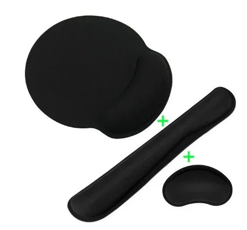 Black ergonomic mouse pad, wrist rest, and keyboard pad set with smooth, cushioned material
