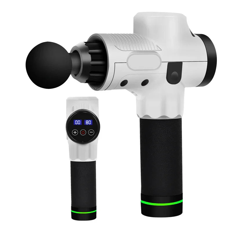 White and black massage gun with digital display, ergonomic handle, and round attachment