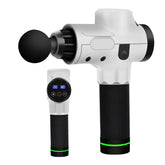 White and black massage gun with digital display, ergonomic handle, and round attachment