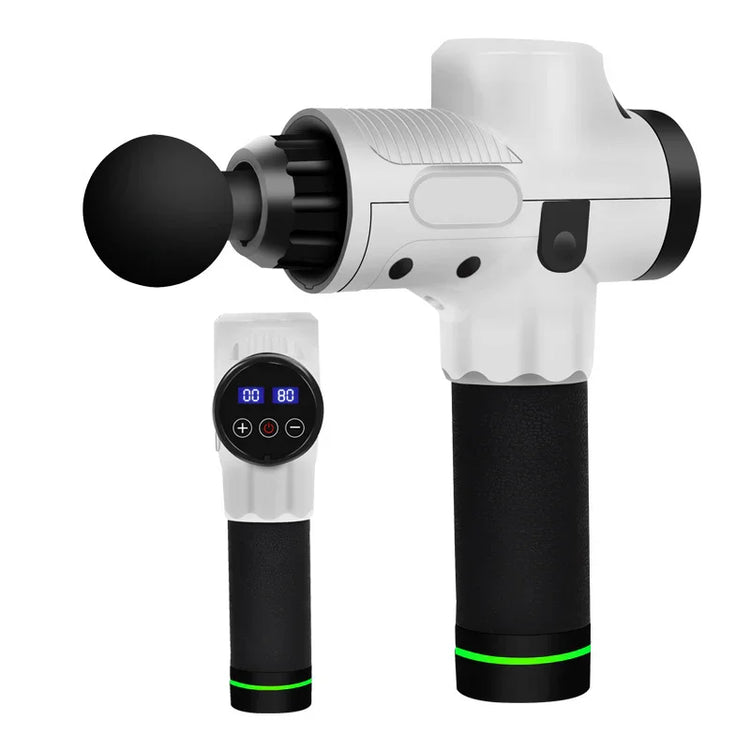 White and black massage gun with digital display, ergonomic handle, and round attachment