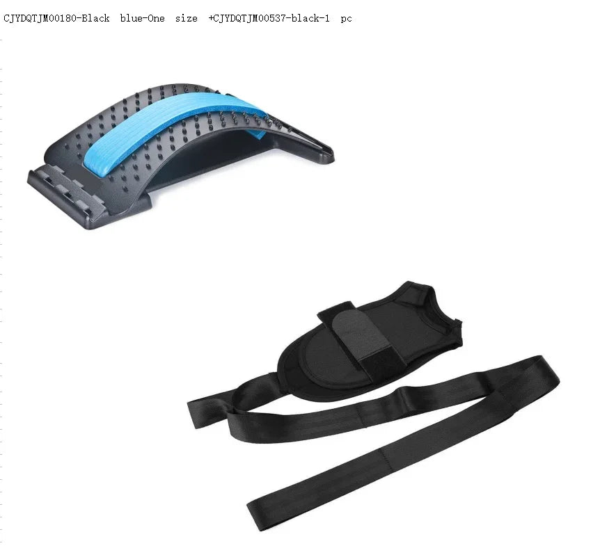Ergonomic black back stretcher with blue accent and adjustable black posture support belt