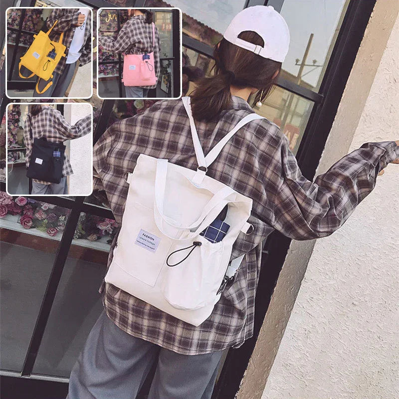 Casual outfit with oversized plaid shirt, loose pants, and canvas tote backpack in multiple colors.