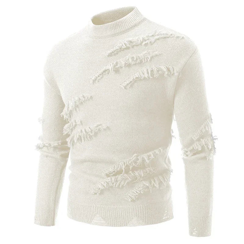 Cream knit sweater with distressed fringe details and slim fit design, futuristic streetwear style