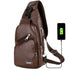 USB portable charging brown leather chest messenger bag with headphone jack and front pocket