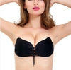 Black strapless push-up bra with front lace-up detail, smooth fabric, snug fit